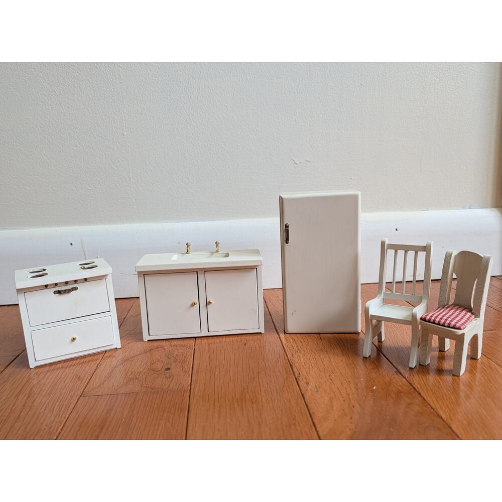Vintage German Dollhouse Miniatures 1:12 White 5 piece Wooden Kitchen Set